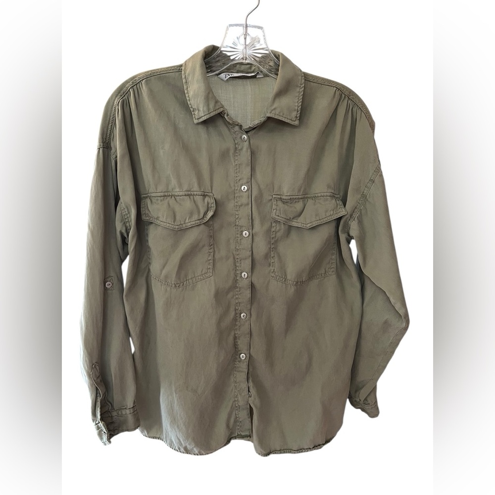 ZARA Military Green Olive Utility Button Front Shirt medium